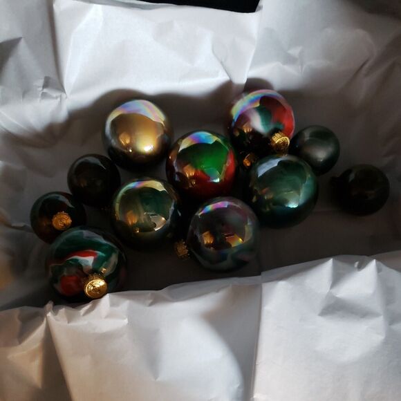 Vintage Glass Ball Christmas Ornament Lot of 11 Swirl Red Green Gold Iridescent - Picture 16 of 16